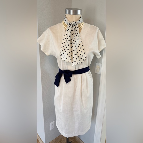 Vintage Homemade Dress with Navy Belt and Polka Dot Scarf - Picture 3 of 8
